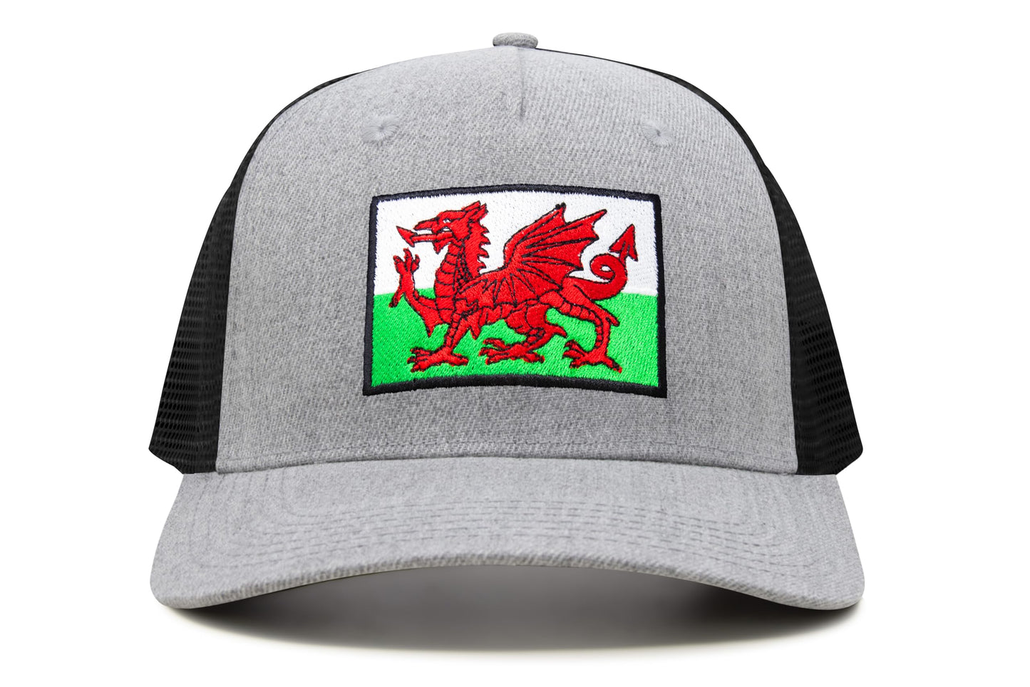 International Tie Country Hat for Men and Women, Adjustable Snapback Trucker Baseball Cap with Embroidered Patch (Wales, Grey Black)