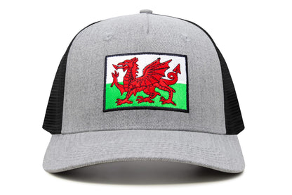 International Tie Country Hat for Men and Women, Adjustable Snapback Trucker Baseball Cap with Embroidered Patch (Wales, Grey Black)
