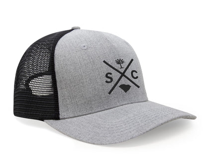 International Tie Hat for Men and Women, Adjustable Snapback Trucker Baseball Cap, Embroidered Cross Logo (SC - South Carolina, Grey Black)
