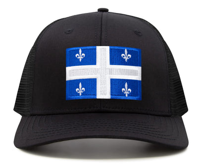 International Tie State Hat for Men and Women, Adjustable Snapback Trucker Baseball Cap with Embroidered Patch (Quebec, All Black)