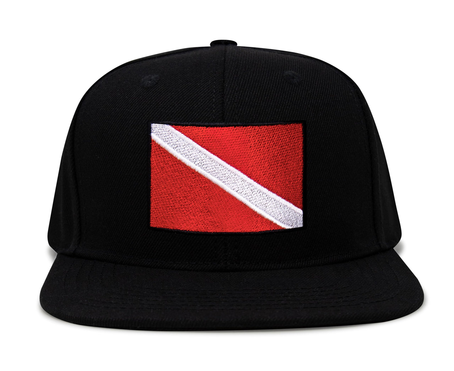 International Tie Scuba Diver Hat for Men and Women, Adjustable Snapback Trucker Baseball Cap with Embroidered Scuba Flag (Black Flatbill)