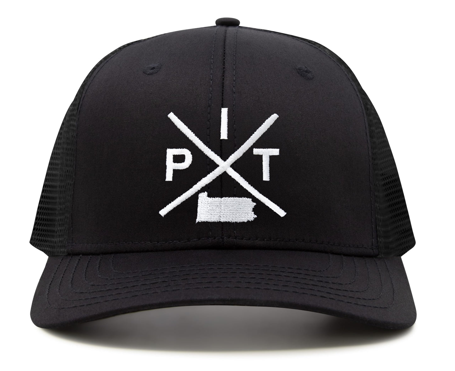 International Tie Hat for Men and Women, Snapback Trucker Baseball Cap, Embroidered Cross Logo (Pit - Pittsburgh, All Black) - International Tie