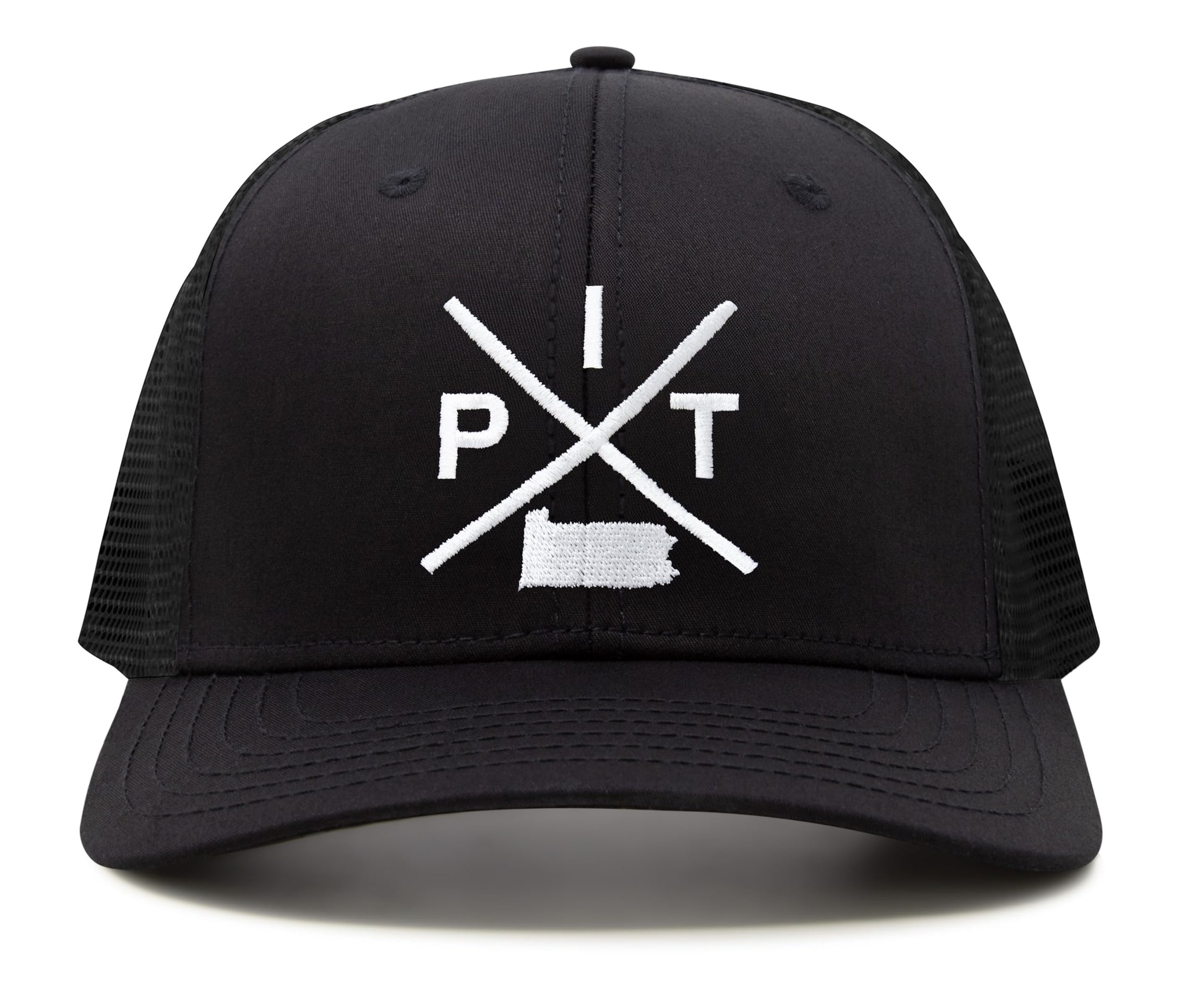 International Tie Hat for Men and Women, Snapback Trucker Baseball Cap, Embroidered Cross Logo (Pit - Pittsburgh, All Black) - International Tie