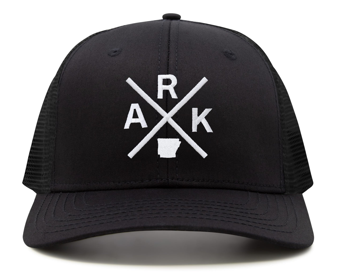 International Tie Hat for Men and Women, Adjustable Snapback Trucker Baseball Cap, Embroidered Cross Logo (ARK - Arkansas, All Black)