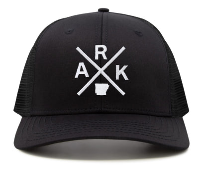 International Tie Hat for Men and Women, Adjustable Snapback Trucker Baseball Cap, Embroidered Cross Logo (ARK - Arkansas, All Black)