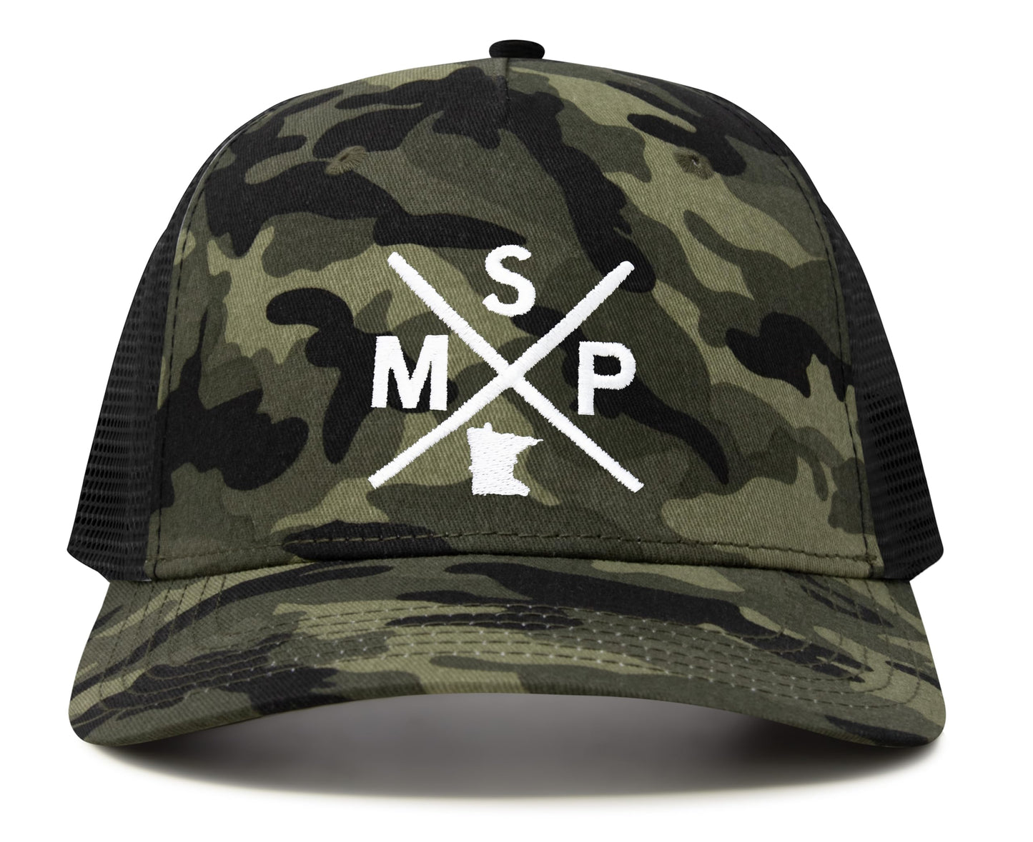 International Tie State City Hat for Men and Women, Snapback Trucker Baseball Cap with Embroidered Cross Logo (MSP - Minneapolis St. Paul, Camouflage) - International Tie