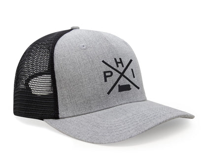 International Tie Hat for Men and Women, Adjustable Snapback Trucker Baseball Cap, Embroidered Cross Logo (PHI - Philadelphia, Grey Black)