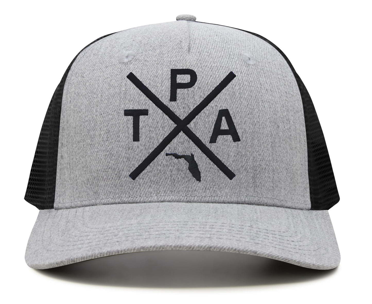 International Tie Hat for Men and Women, Snapback Trucker Baseball Cap, Embroidered Cross Logo (Tampa - TPA, Grey Black)