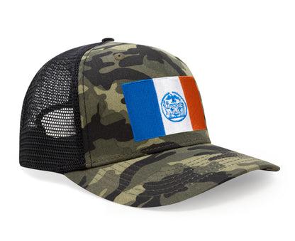 International Tie New York City Flag Hat for Men and Women - Adjustable Snapback Trucker Baseball Cap (Camouflage)