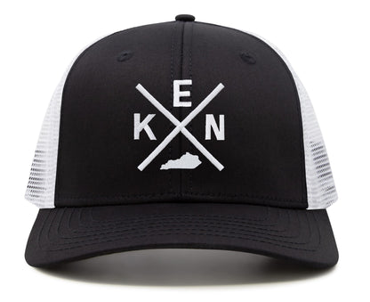 International Tie Hat for Men and Women, Adjustable Snapback Trucker Baseball Cap, Embroidered Cross Logo (KEN - Kentucky, Black White)