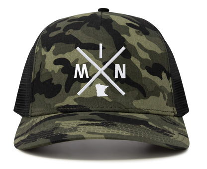 International Tie Hat for Men and Women, MIN Snapback Trucker Baseball Cap, Embroidered Cross Logo (MIN - Minnesota, Camouflage)