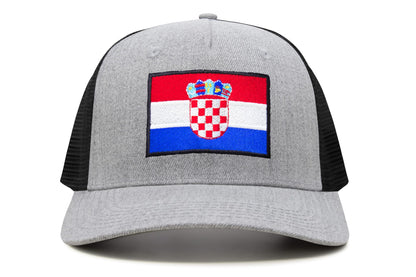 International Tie Country Hat for Men and Women, Adjustable Snapback Trucker Baseball Cap with Embroidered Patch (Croatia, Grey Black)