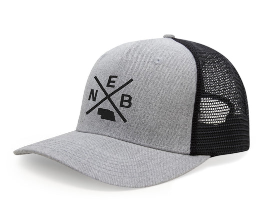 International Tie Hat for Men and Women, Adjustable Snapback Trucker Baseball Cap, Embroidered Cross Logo (NEB - Nebraska, Grey/Black)
