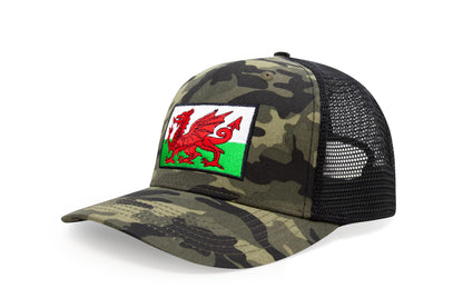 International Tie Country Hat for Men and Women, Adjustable Snapback Trucker Baseball Cap with Embroidered Patch (Wales, Camouflage)