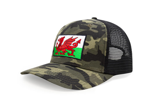 International Tie Country Hat for Men and Women, Adjustable Snapback Trucker Baseball Cap with Embroidered Patch (Wales, Camouflage)