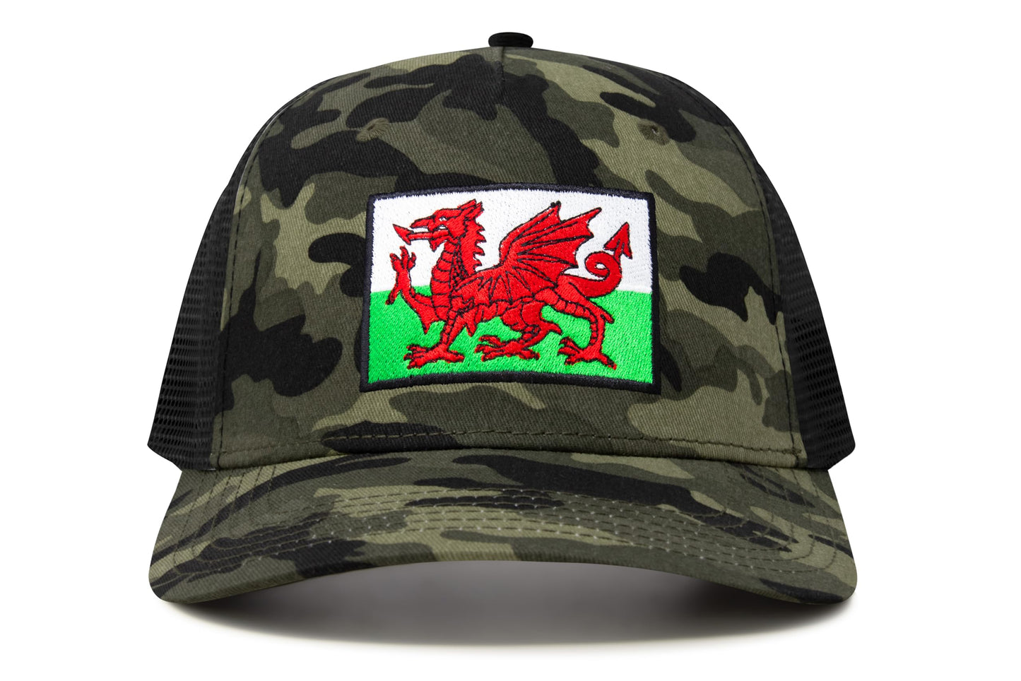 International Tie Country Hat for Men and Women, Adjustable Snapback Trucker Baseball Cap with Embroidered Patch (Wales, Camouflage)
