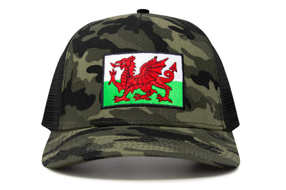 International Tie Country Hat for Men and Women, Adjustable Snapback Trucker Baseball Cap with Embroidered Patch (Wales, Camouflage)