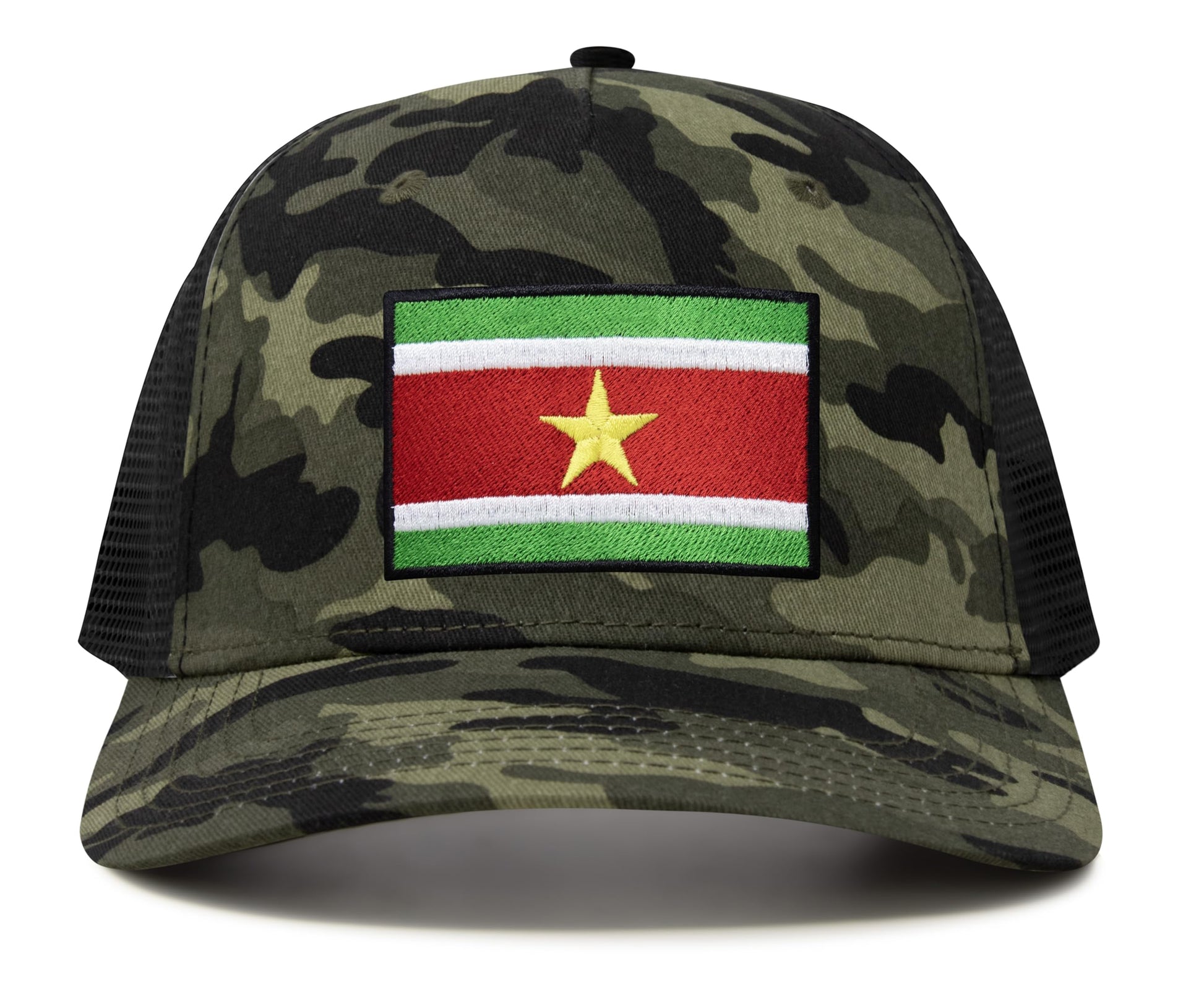 International Tie Country Hat for Men and Women, Adjustable Snapback Trucker Baseball Cap with Embroidered Patch (Suriname, Camouflage) - International Tie