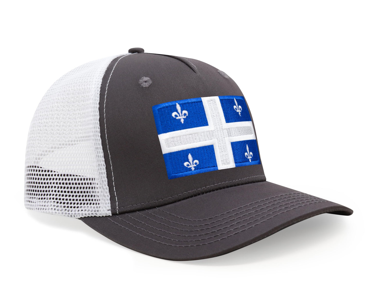 International Tie State Hat for Men and Women, Adjustable Snapback Trucker Baseball Cap with Embroidered Patch (Quebec, Grey White)