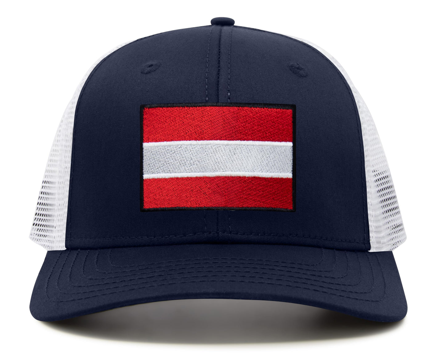 International Tie Country Hat for Men and Women, Adjustable Snapback Trucker Baseball Cap with Embroidered Patch (Austria, Navy White)