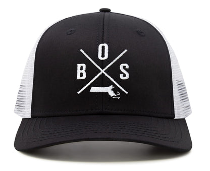 International Tie Premium Boston BOS Hat for Men and Women – Snapback Trucker Baseball Cap (Black/White)