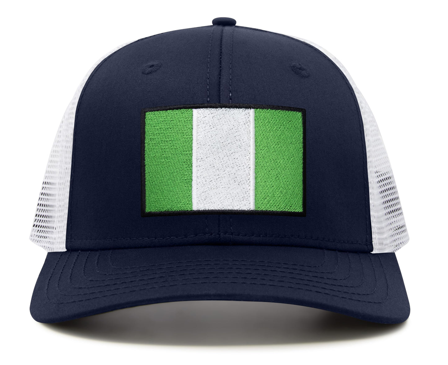 International Tie Country Hat for Men and Women, Adjustable Snapback Trucker Baseball Cap with Embroidered Patch (Nigeria, Navy White) - International Tie