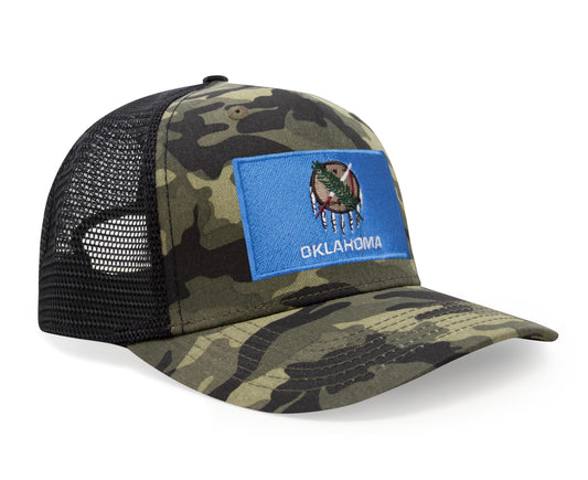 International Tie State Hat for Men and Women, Adjustable Snapback Trucker Baseball Cap with Embroidered Patch (Oklahoma, Camouflage)