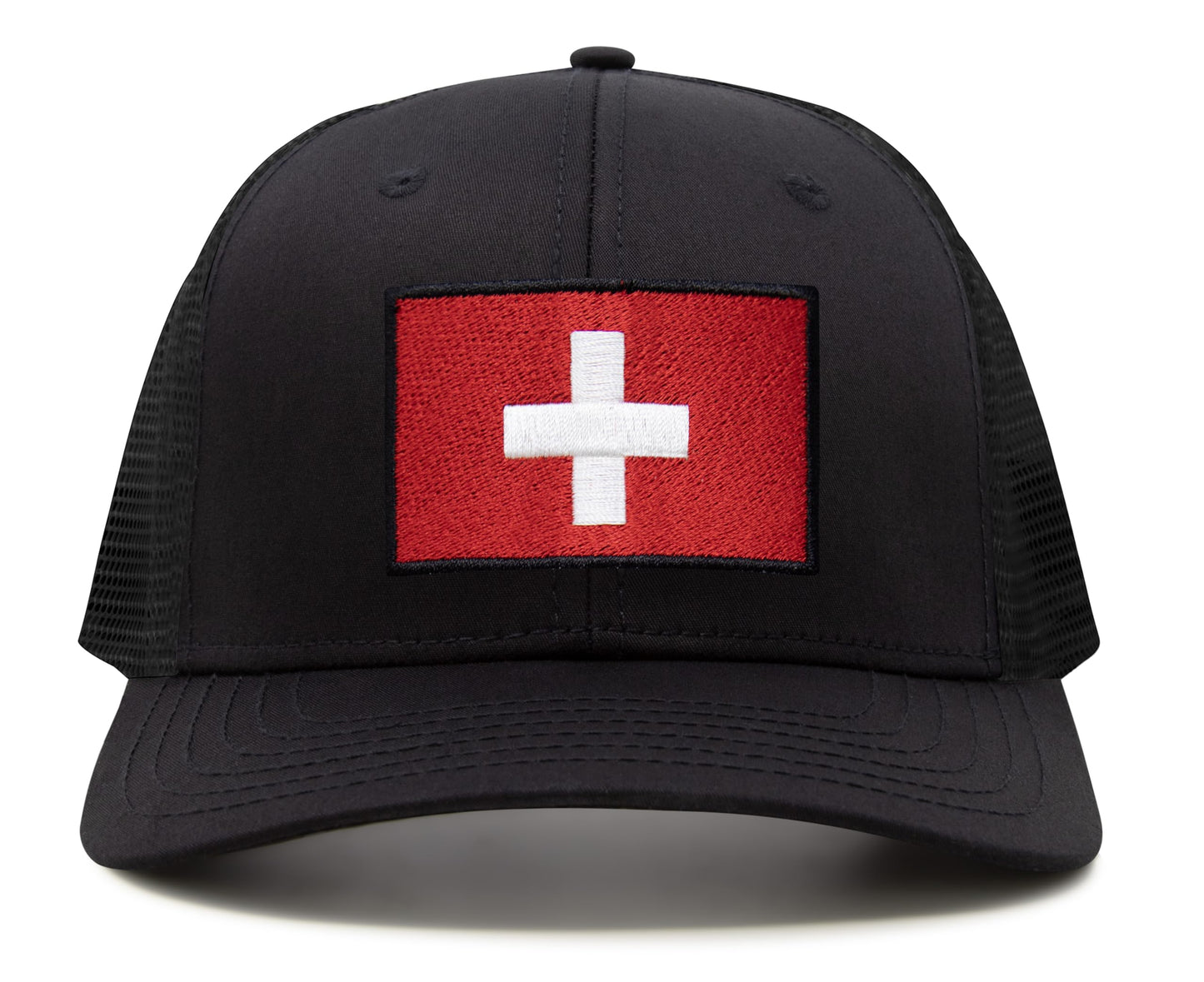 International Tie Swiss Flag Hat for Men and Women - Switzerland Snapback Trucker Baseball Cap (All Black)