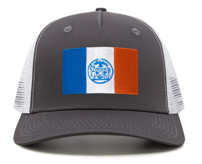 International Tie New York City Flag Hat for Men and Women - Adjustable Snapback Trucker Baseball Cap (Grey White)