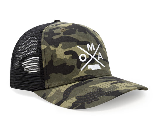 International Tie Hat for Men and Women, Snapback Trucker Baseball Cap, Embroidered Cross Logo (OMA - Omaha, Camouflage) - International Tie