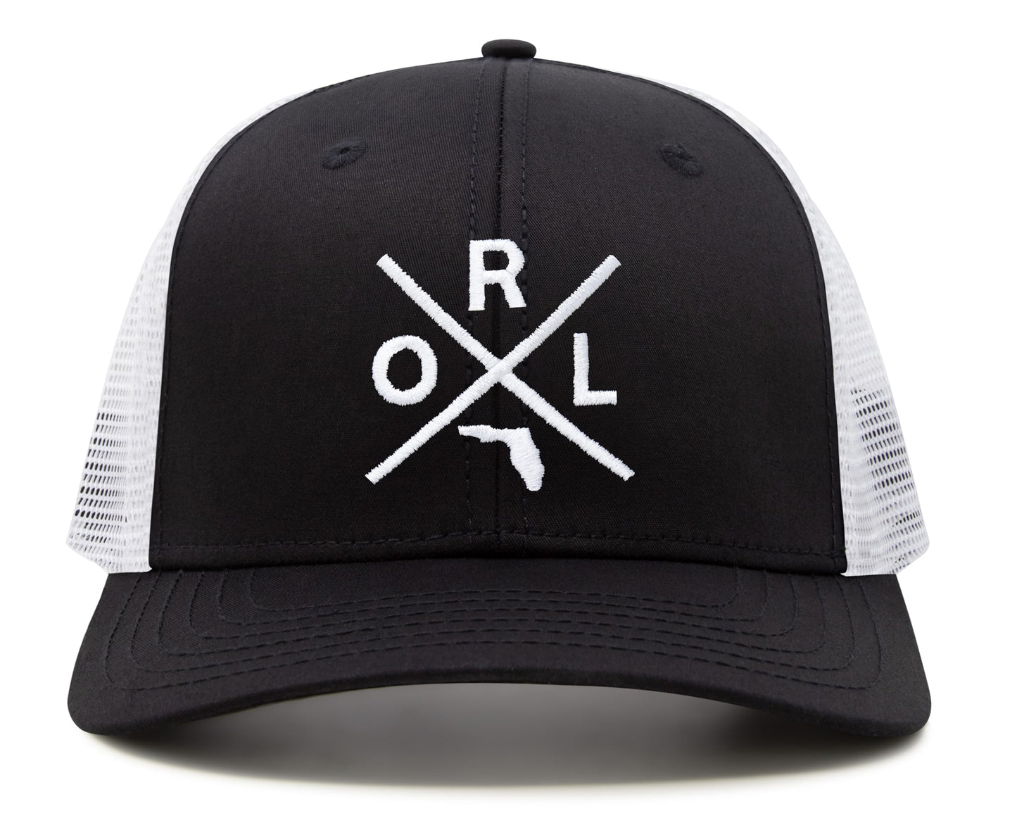 International Tie Hat for Men and Women, Snapback Trucker Baseball Cap, Embroidered Cross Logo (ORL - Orlando, Black White)