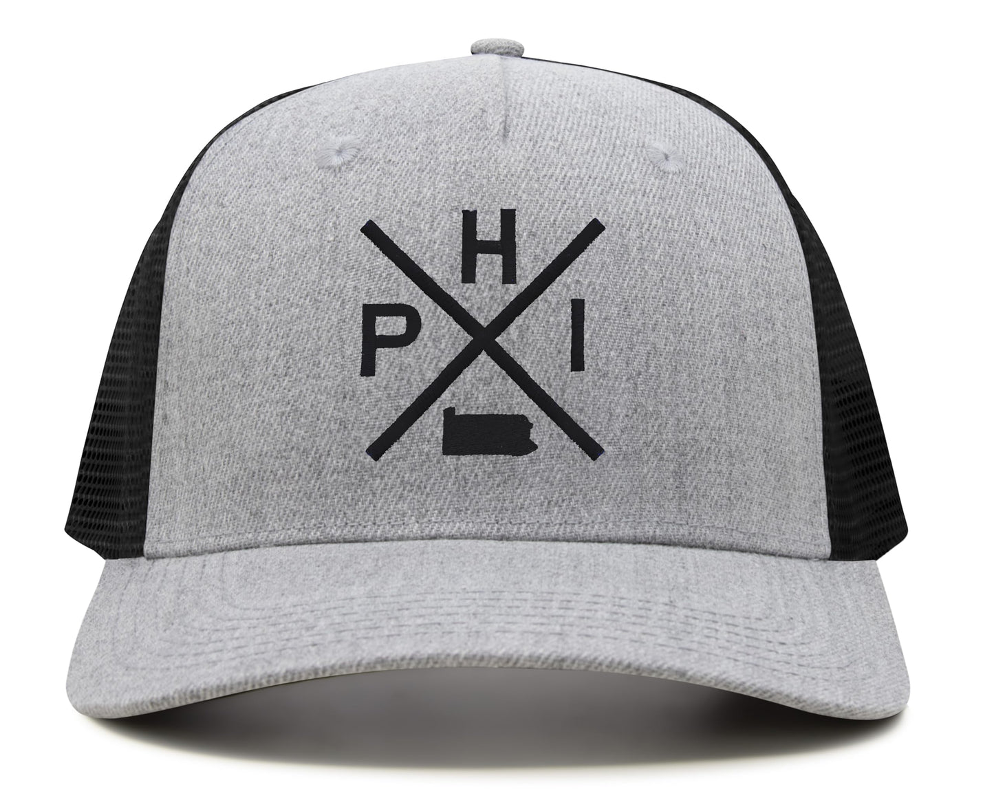 International Tie Hat for Men and Women, Adjustable Snapback Trucker Baseball Cap, Embroidered Cross Logo (PHI - Philadelphia, Grey Black)