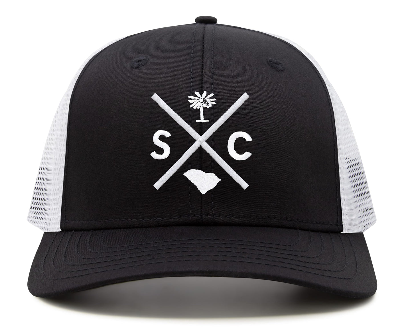 International Tie Hat for Men and Women, Adjustable Snapback Trucker Baseball Cap, Embroidered Cross Logo (SC - South Carolina, Black White)