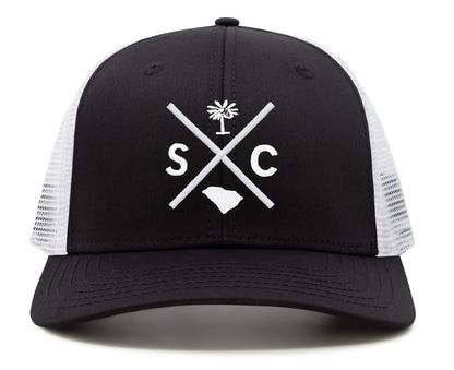 International Tie Hat for Men and Women, Adjustable Snapback Trucker Baseball Cap, Embroidered Cross Logo (SC - South Carolina, Black White)