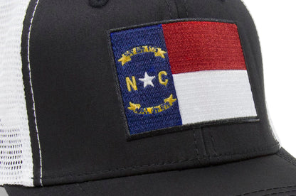North Carolina Flag Trucker Baseball Snapback Hat (Black White) - International Tie