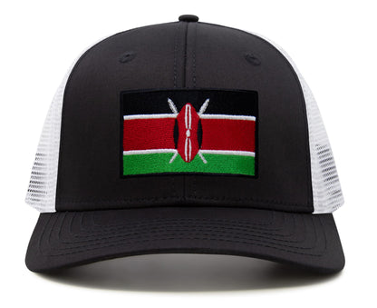 International Tie Kenya Flag Hat for Men and Women - Adjustable Snapback Trucker Baseball Cap (Black White)