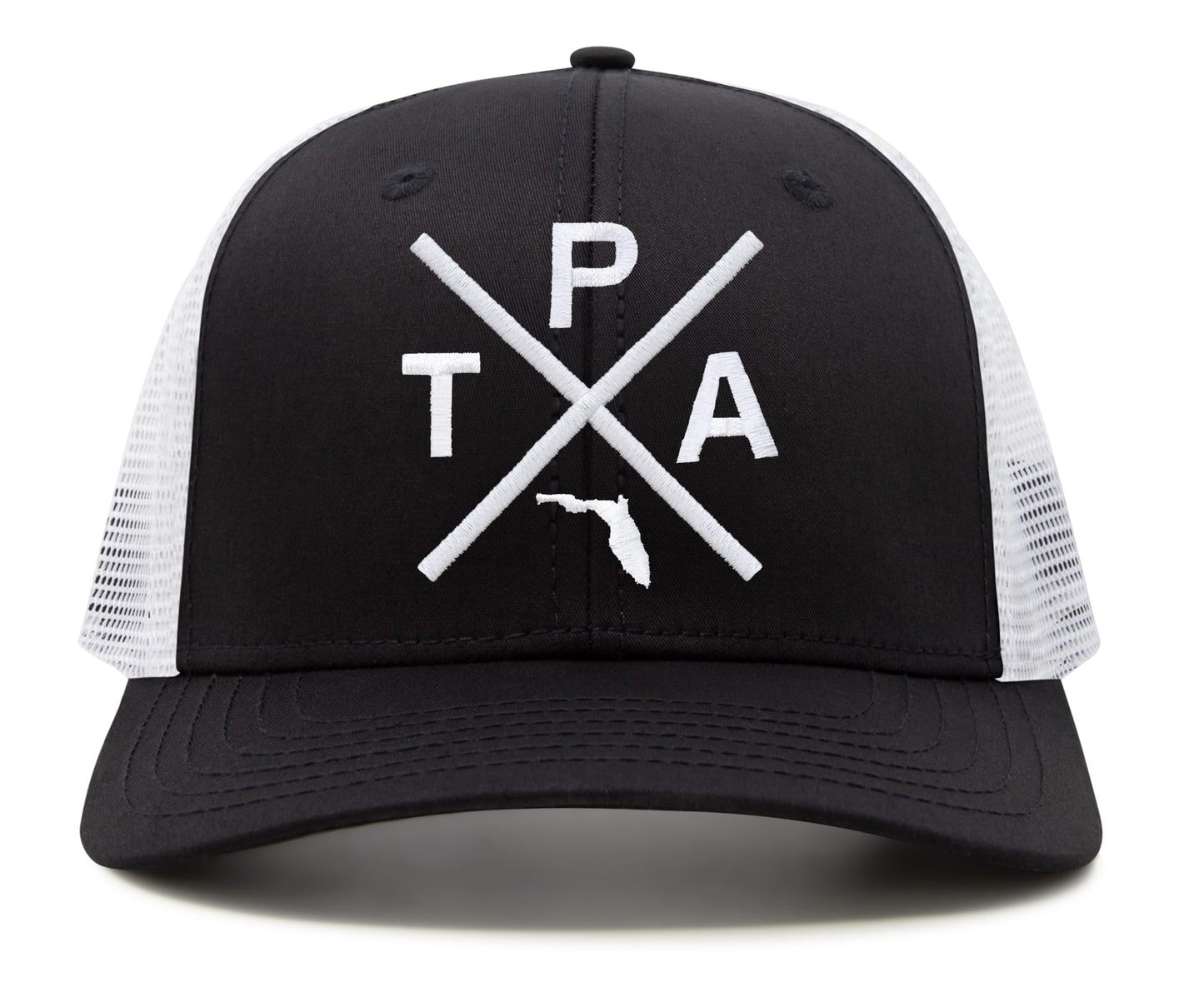 International Tie Hat for Men and Women, Snapback Trucker Baseball Cap, Embroidered Cross Logo (Tampa - TPA, Black White)