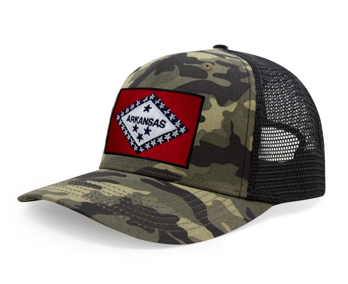 International Tie State Hat for Men and Women, Adjustable Snapback Trucker Baseball Cap with Embroidered Patch (Arkansas, Camouflage) - International Tie