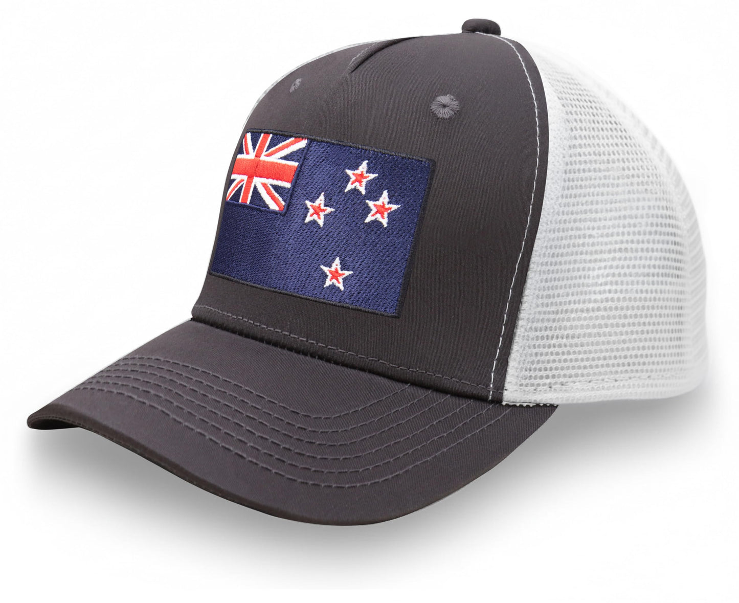 International Tie Country Hat for Men and Women, Adjustable Snapback Trucker Baseball Cap with Embroidered Patch (New Zealand, Grey White)