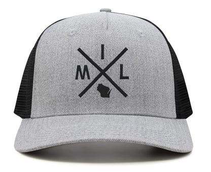 International Tie Hat for Men and Women, Adjustable Snapback Trucker Baseball Cap, Embroidered Cross Logo (MIL - Milwaukee, Grey Black)