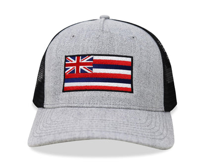 International Tie Hawaiian Flag Trucker Hat for Men & Women - Adjustable Snapback Baseball Cap with Embroidered Patch (Grey/Black)