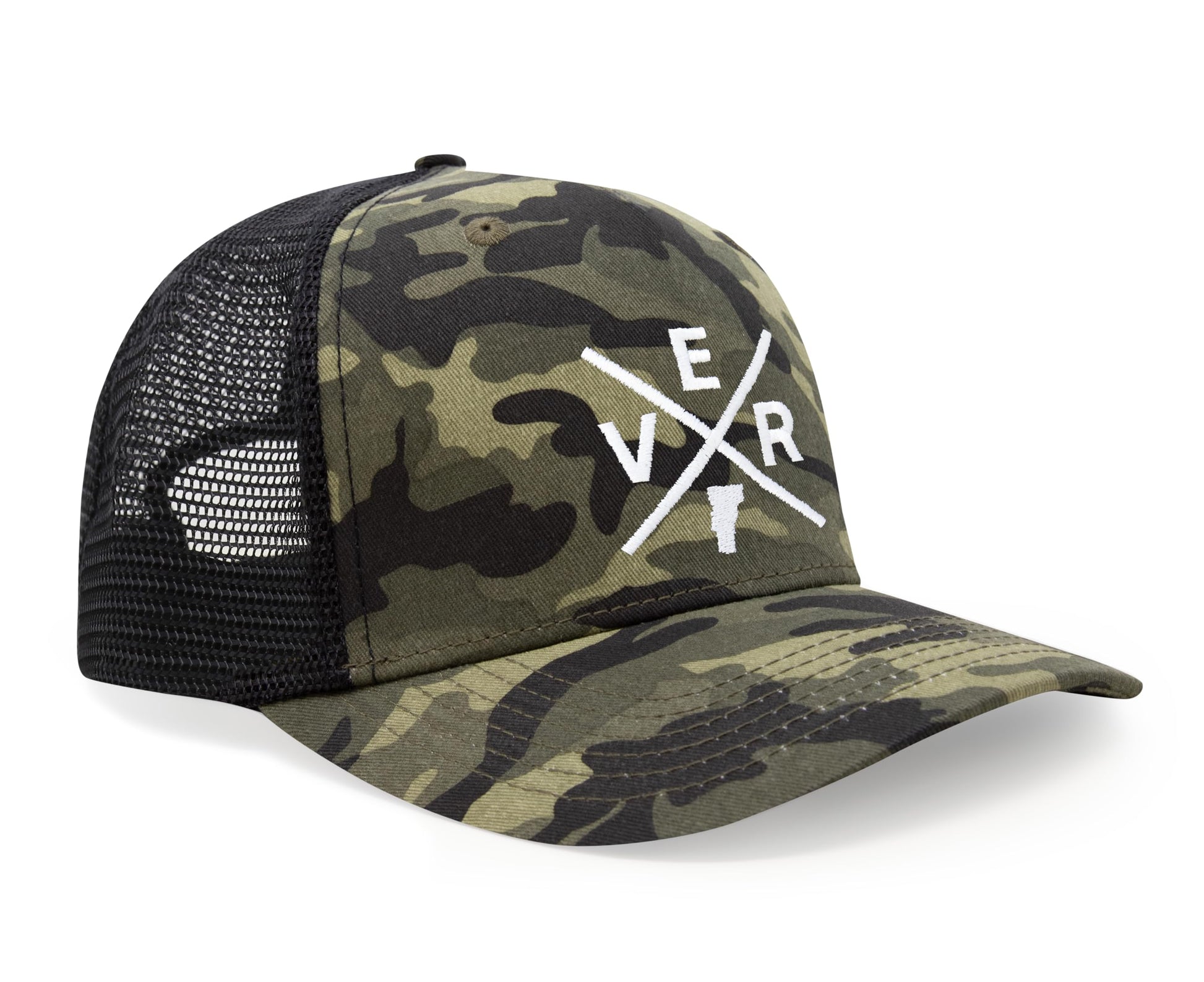 International Tie State City Hat for Men and Women, Snapback Trucker Baseball Cap with Embroidered Cross Logo (Vermont - VER, Camouflage) - International Tie