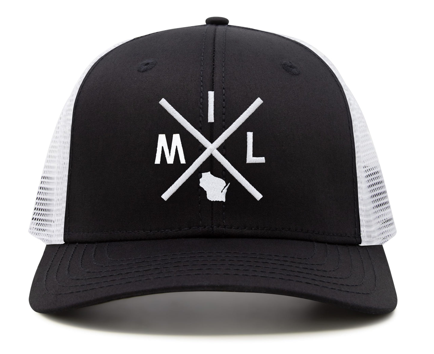 International Tie Hat for Men and Women, Adjustable Snapback Trucker Baseball Cap, Embroidered Cross Logo (MIL - Milwaukee, Black White)