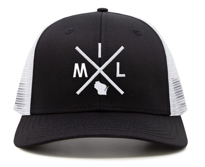 International Tie Hat for Men and Women, Adjustable Snapback Trucker Baseball Cap, Embroidered Cross Logo (MIL - Milwaukee, Black White)