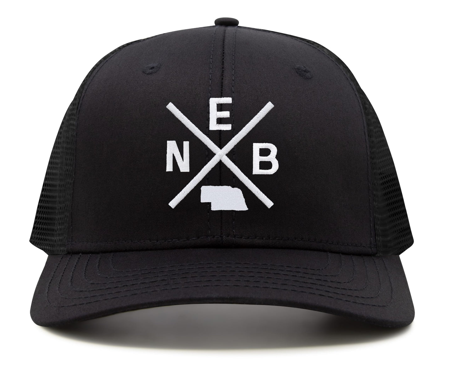 International Tie Hat for Men and Women, Adjustable Snapback Trucker Baseball Cap, Embroidered Cross Logo (NEB - Nebraska, All Black)