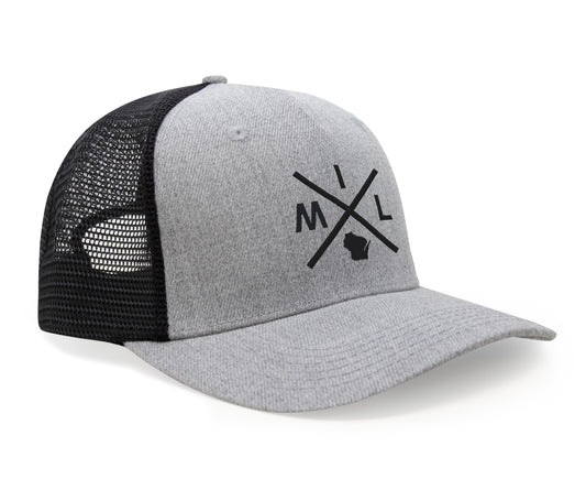 International Tie Hat for Men and Women, Adjustable Snapback Trucker Baseball Cap, Embroidered Cross Logo (MIL - Milwaukee, Grey Black)