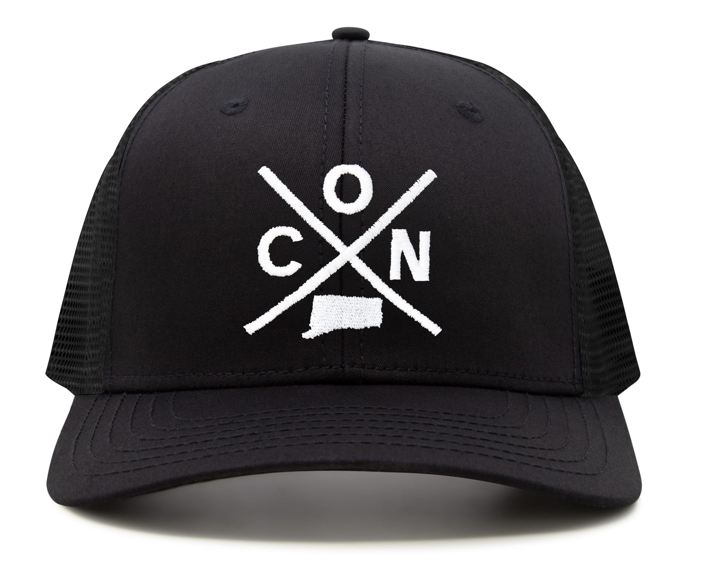 International Tie State City Hat for Men and Women, Snapback Trucker Baseball Cap with Embroidered Cross Logo (Connecticut - CON, All Black) - International Tie