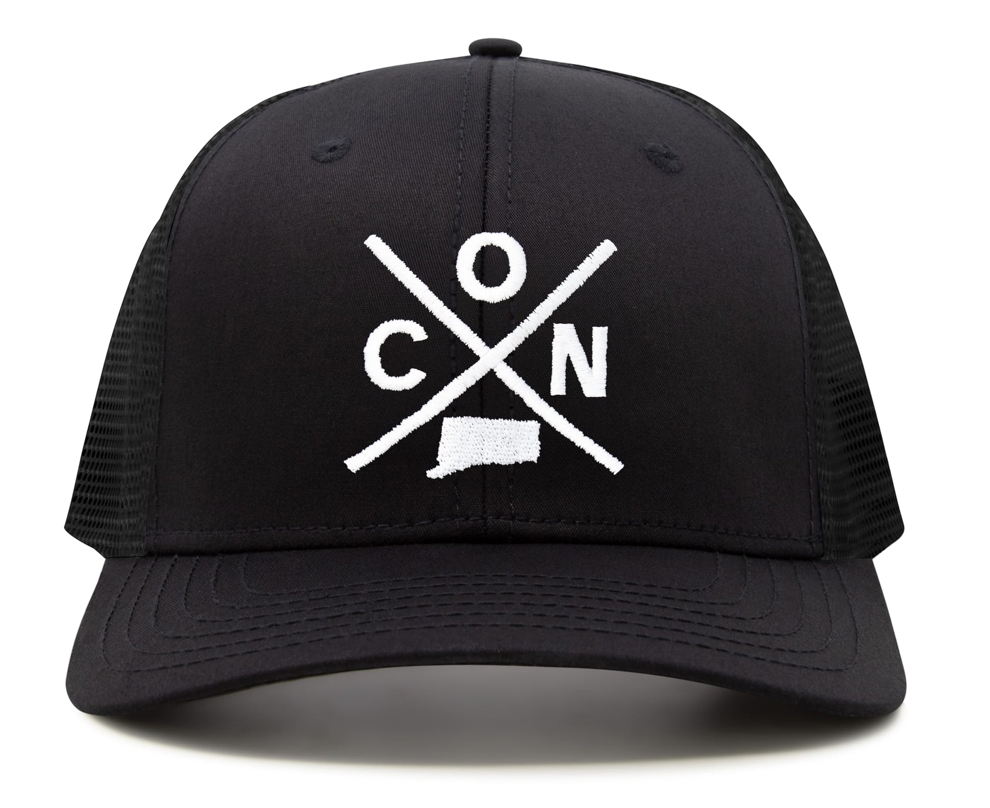 International Tie State City Hat for Men and Women, Snapback Trucker Baseball Cap with Embroidered Cross Logo (Connecticut - CON, All Black) - International Tie