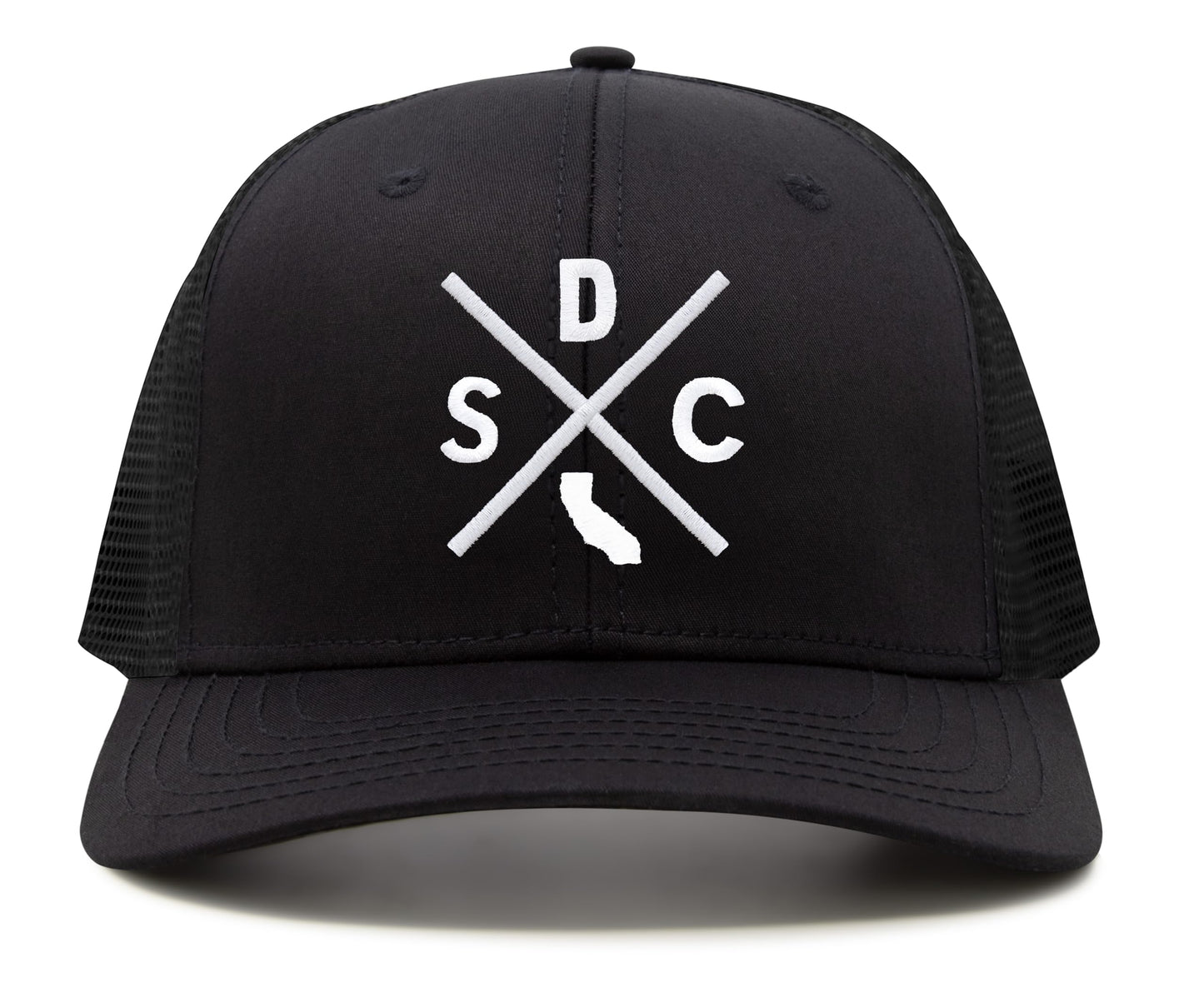 International Tie Hat for Men and Women, Adjustable Snapback Trucker Baseball Cap, Embroidered Cross Logo (SDC - San Diego, All Black)