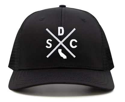 International Tie Hat for Men and Women, Adjustable Snapback Trucker Baseball Cap, Embroidered Cross Logo (SDC - San Diego, All Black)